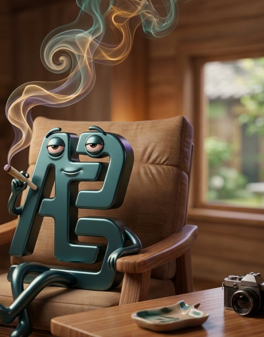 El logo AB como personaje, relajado en un sillón de madera, con un porro en la mano y el humo subiendo