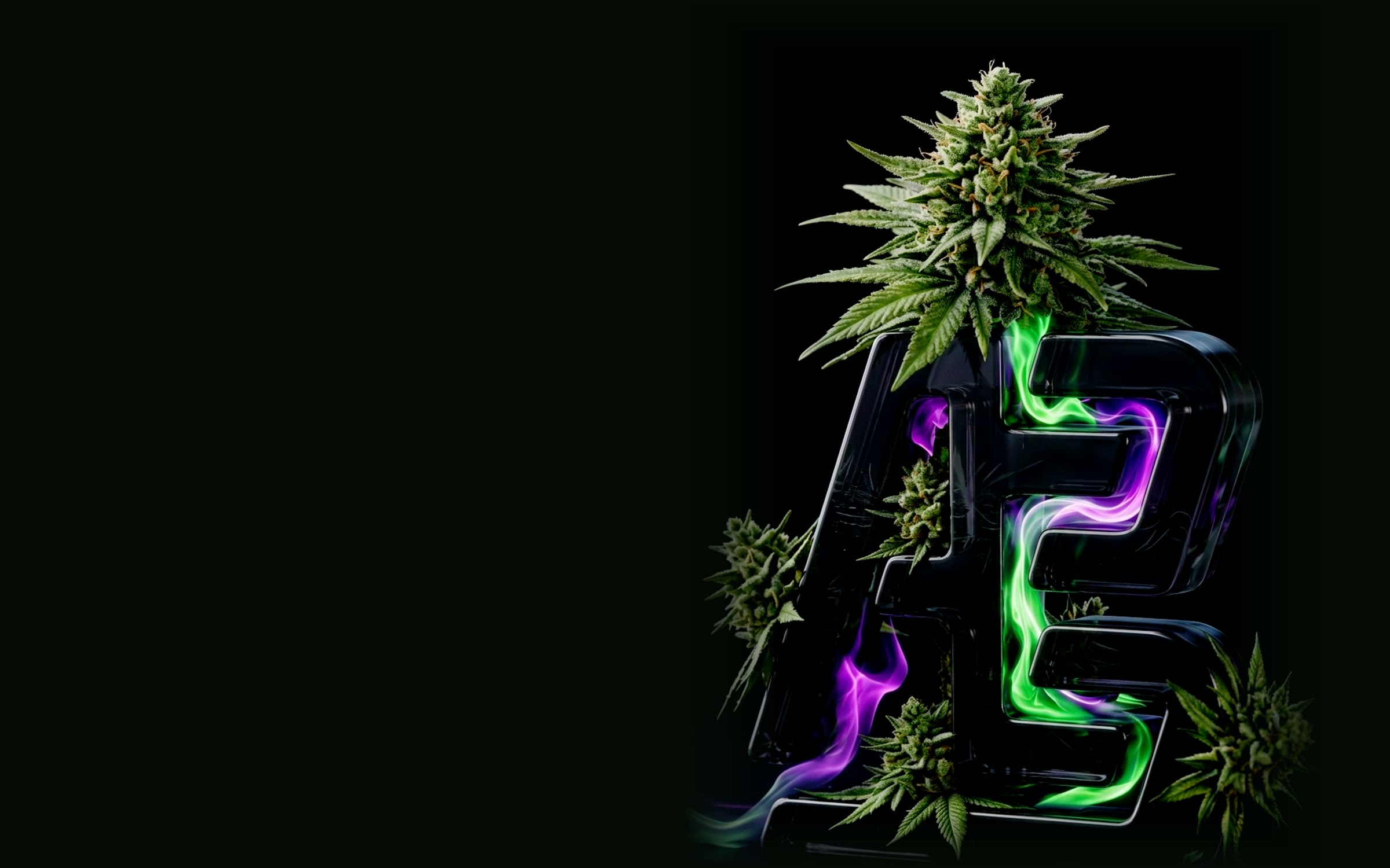 Logo AB de vidrio con un cogollo arriba y humo verde y violeta adentro