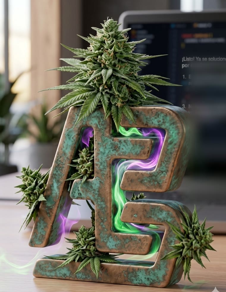 Logo AB de cobre con pátina verde, cogollos y humo verde y violeta