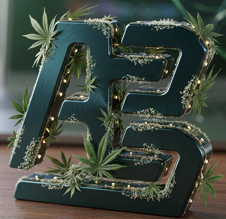 Logo AB de metal sobre una mesa de madera, con hojas de cannabis y lucecitas